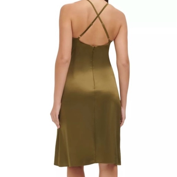 Guess Women’s Olive Satin Slip Dress Cross Back Straps Lace Trim Detail Cocktail - Picture 2 of 16